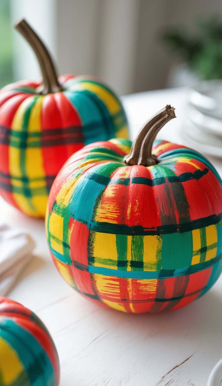 One to two pumpkins painted with colorful plaid patterns placed on a clean tabletop under soft daylight.