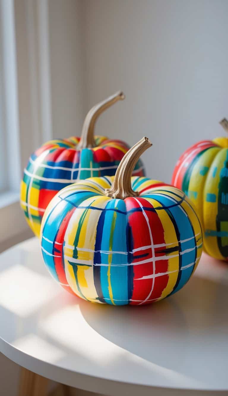 Close-up of one or two pumpkins painted with colorful plaid and stripe patterns on a clean tabletop under soft daylight.