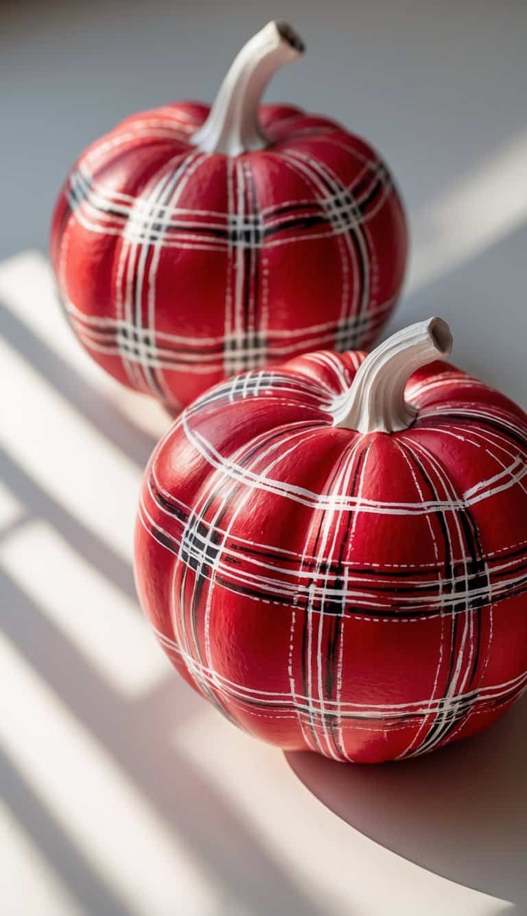 Close-up of one or two pumpkins painted with red plaid and white crosshatching patterns on a tabletop.