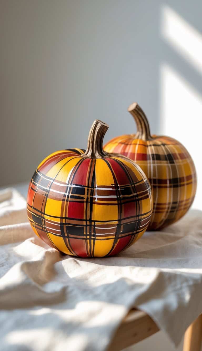 Close-up of one to two pumpkins painted with a plaid pattern in warm earth tones, placed on a tabletop with soft natural light.