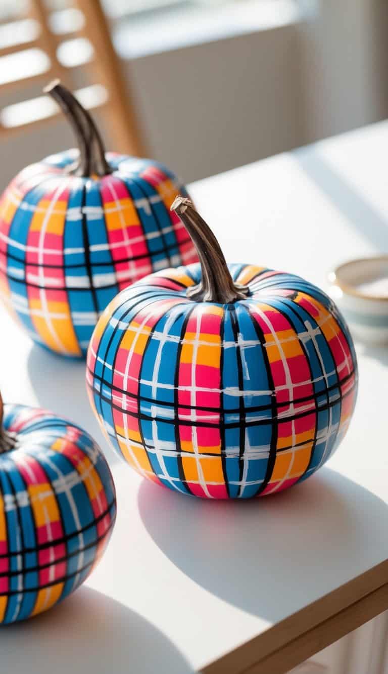 Close-up of one or two painted pumpkins with colorful plaid patterns and black line details on a clean tabletop.