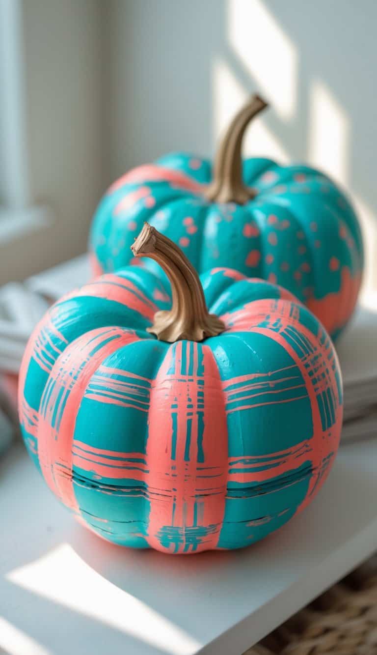One to two pumpkins painted with turquoise and coral plaid patterns on a clean tabletop under soft daylight.