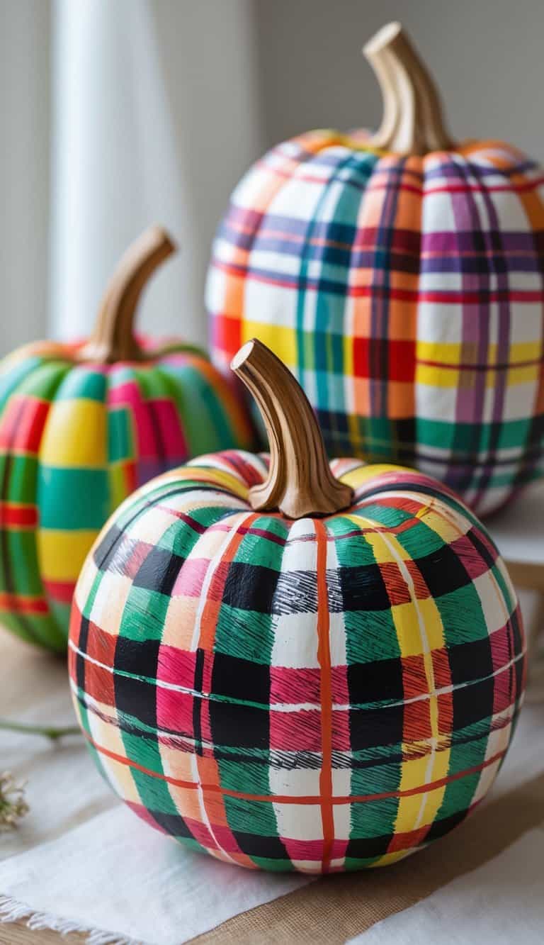 One to two painted pumpkins on a tabletop, decorated with colorful Scottish tartan plaid patterns.