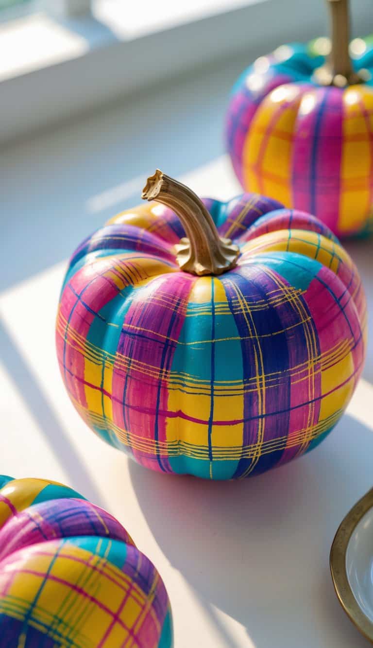 Close-up of one to two brightly painted pumpkins with plaid patterns on a tabletop.
