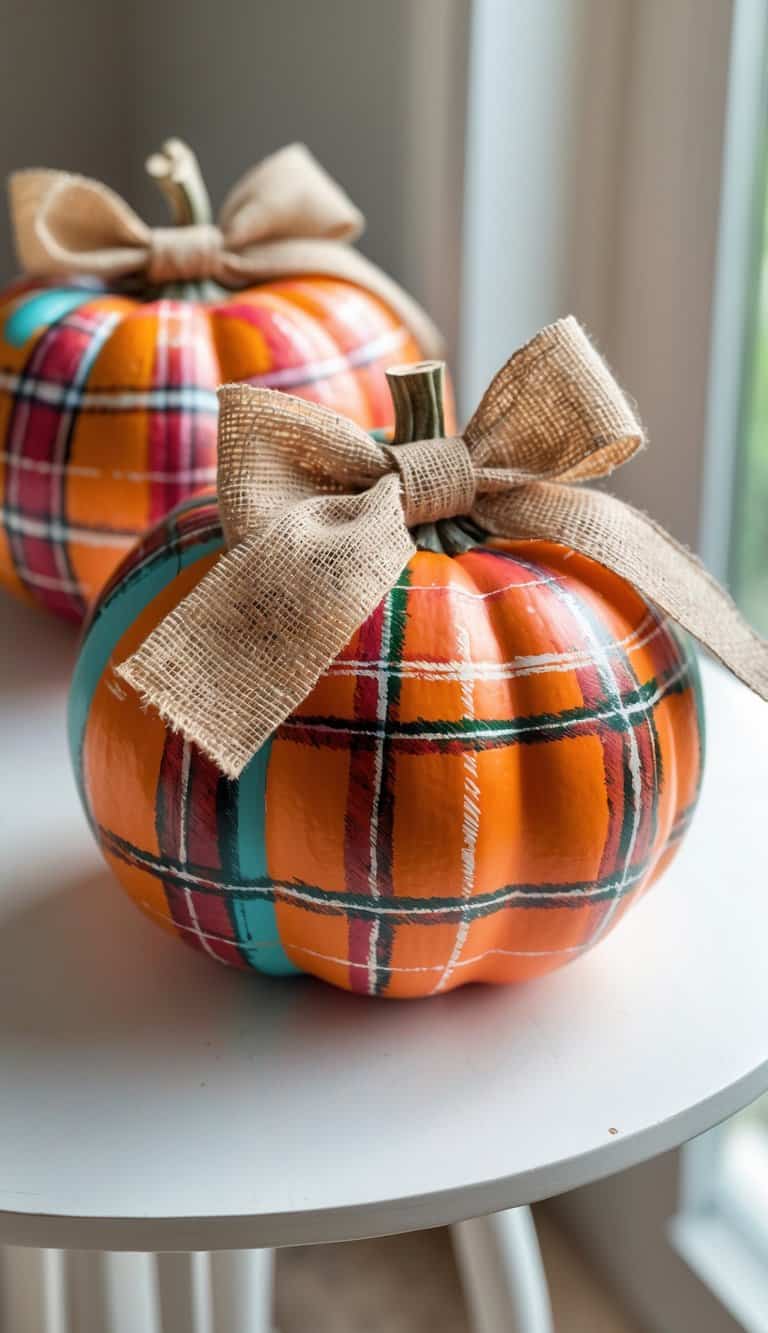 One or two painted pumpkins with plaid patterns and burlap bows on a tabletop.