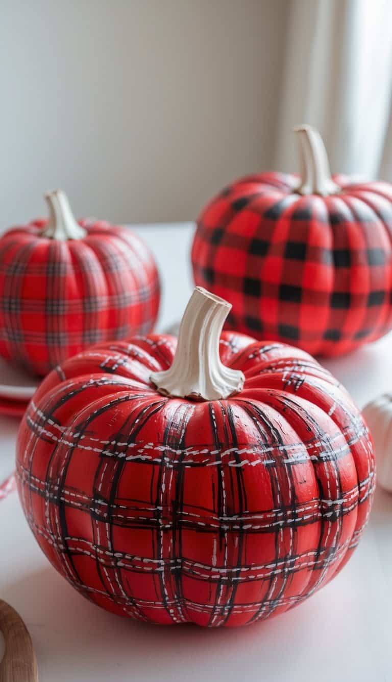 One or two pumpkins painted with red plaid patterns and faux stitch marks on a clean tabletop.