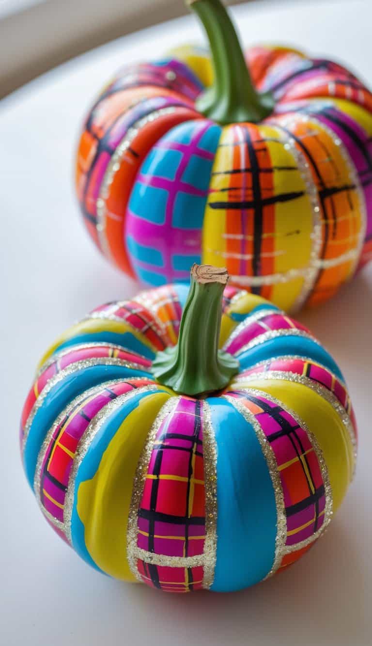 One to two brightly painted pumpkins with plaid patterns and glitter outlines on a clean tabletop.