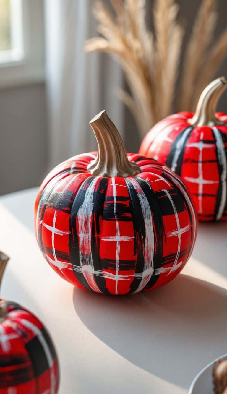 One to two pumpkins painted with bright red and black plaid patterns placed on a tabletop in soft daylight.