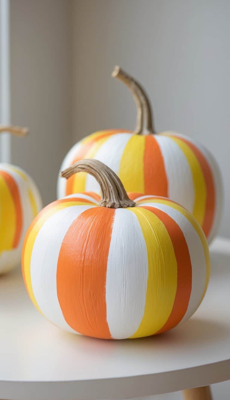 One to two pumpkins painted in candy corn colors on a tabletop with a clean background.