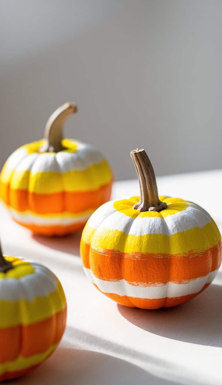 Close-up of one to two small pumpkins painted with bright yellow, orange, and white stripes resembling candy corn, placed on a clean tabletop.