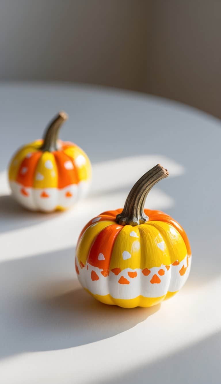 One to two small pumpkins painted in bright candy corn colors on a clean tabletop.