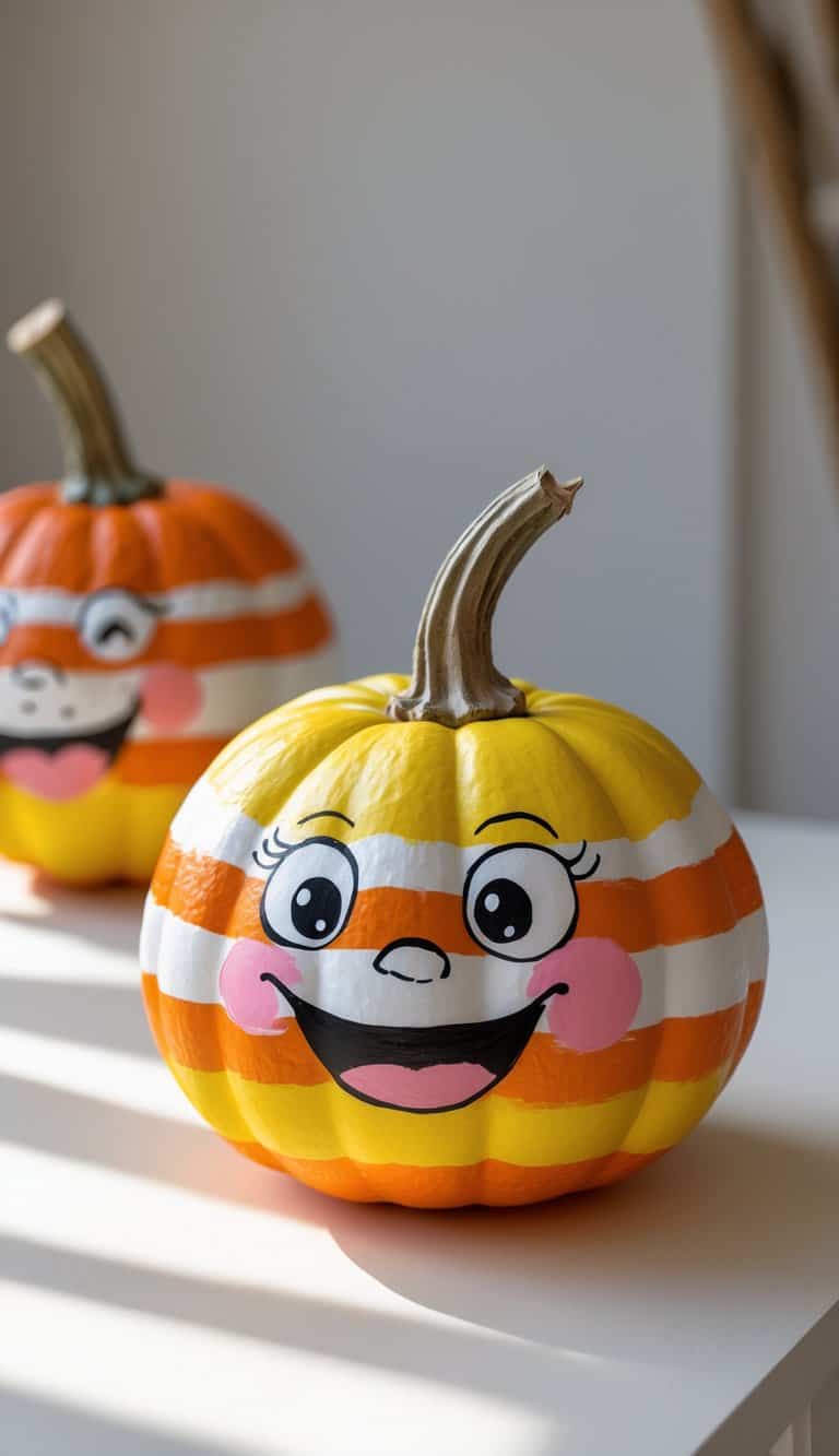 One to two candy corn pumpkins with hand-painted faces arranged on a tabletop.