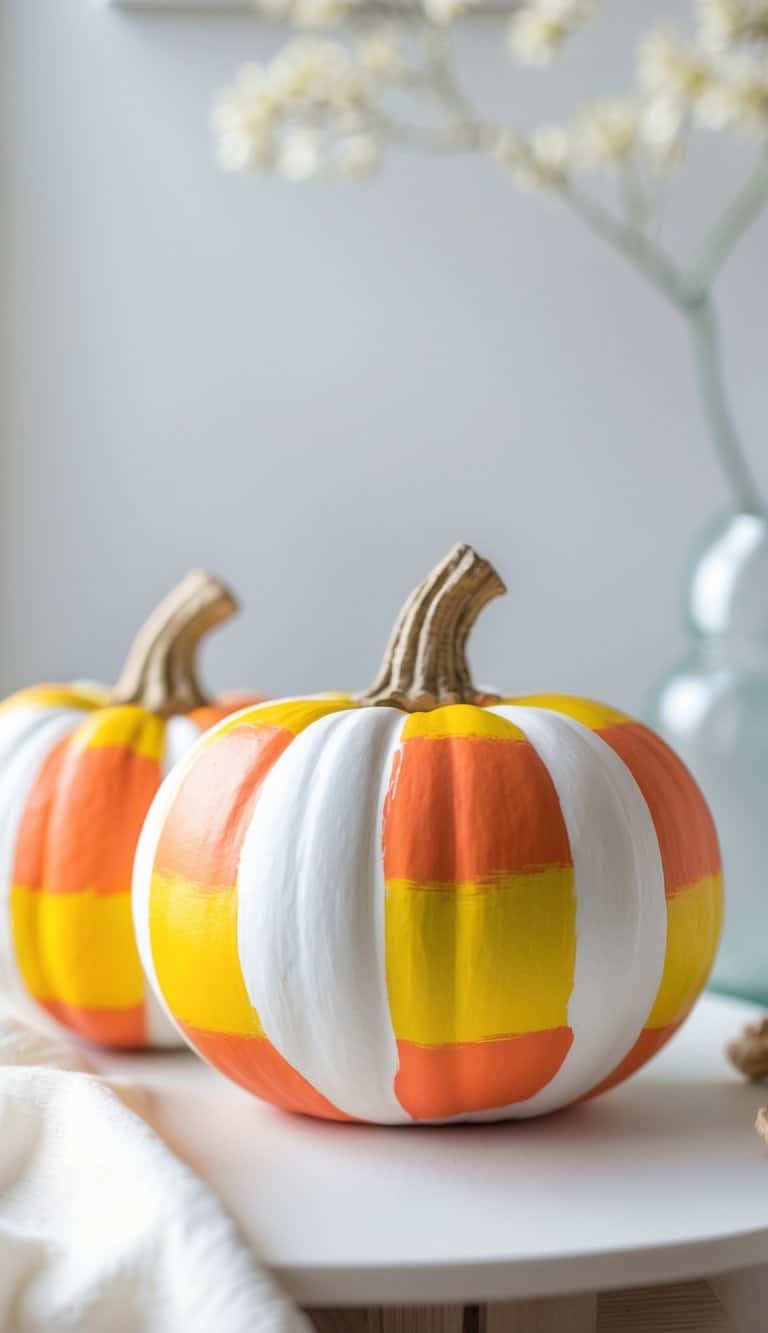 One to two pumpkins painted with a colorful plaid pattern inspired by candy corn, placed on a tabletop with soft natural light.