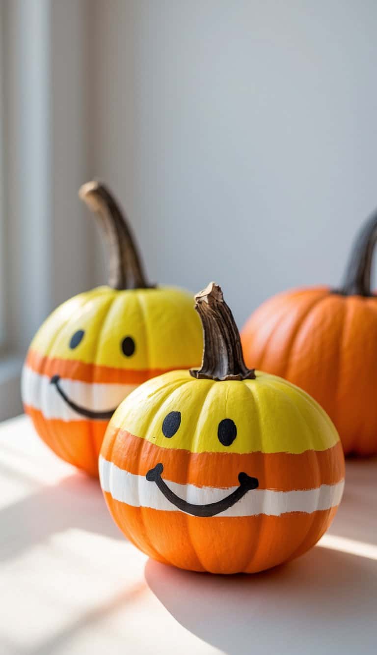 Close-up of one or two pumpkins painted with candy corn colors and smiley faces on a tabletop.