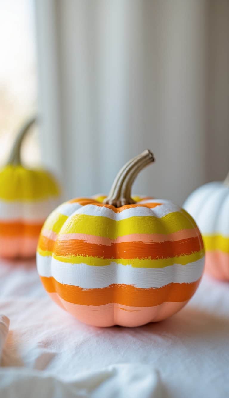 Close-up of one to two pumpkins painted with bright candy corn colors in stripes, placed on a tabletop with soft natural light.