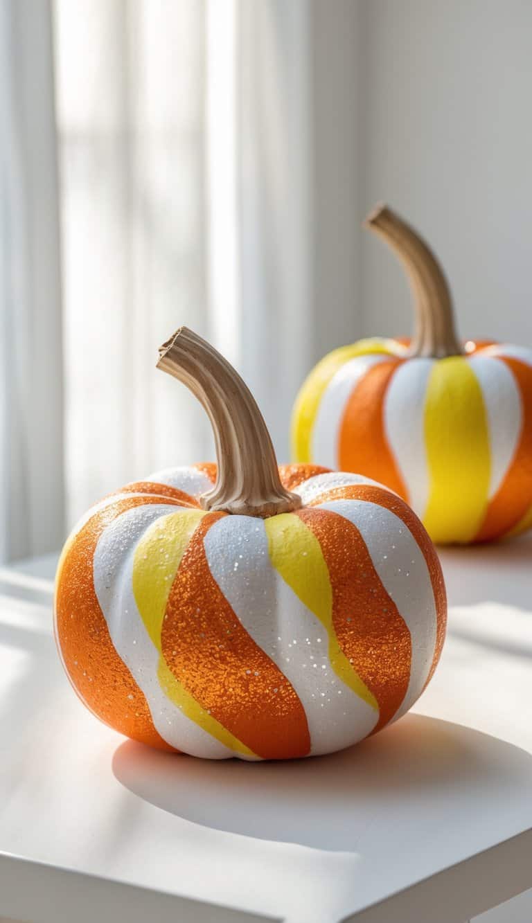One to two pumpkins painted in candy corn colors with glitter swirls placed on a tabletop.