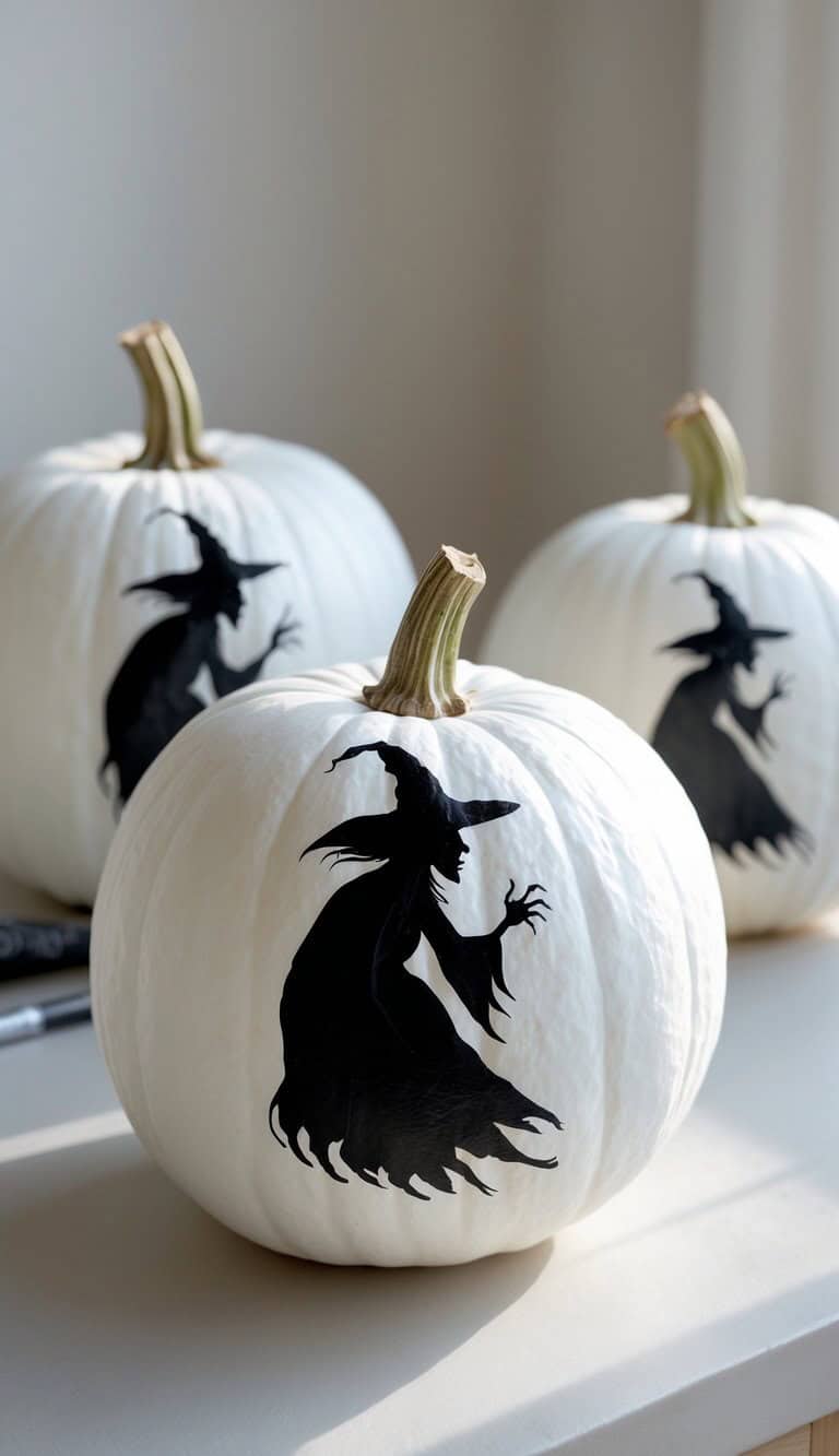 Three white pumpkins decorated with black witch silhouettes sit on a light-colored surface, with sunlight streaming in from the side.