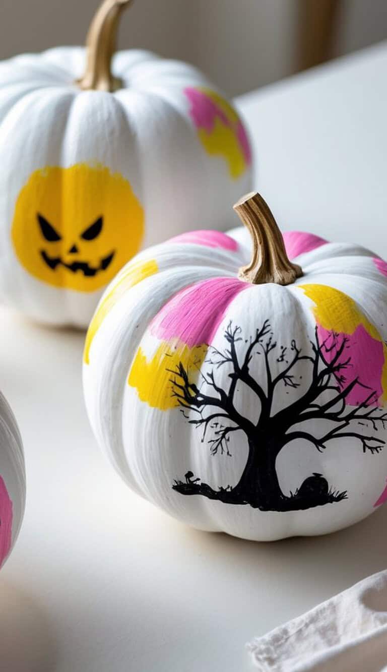 Two white pumpkins are painted with bright pink and yellow patches. One pumpkin features a spooky black tree silhouette, while the other displays a yellow jack-o'-lantern face. Both sit on a light surface indoors.