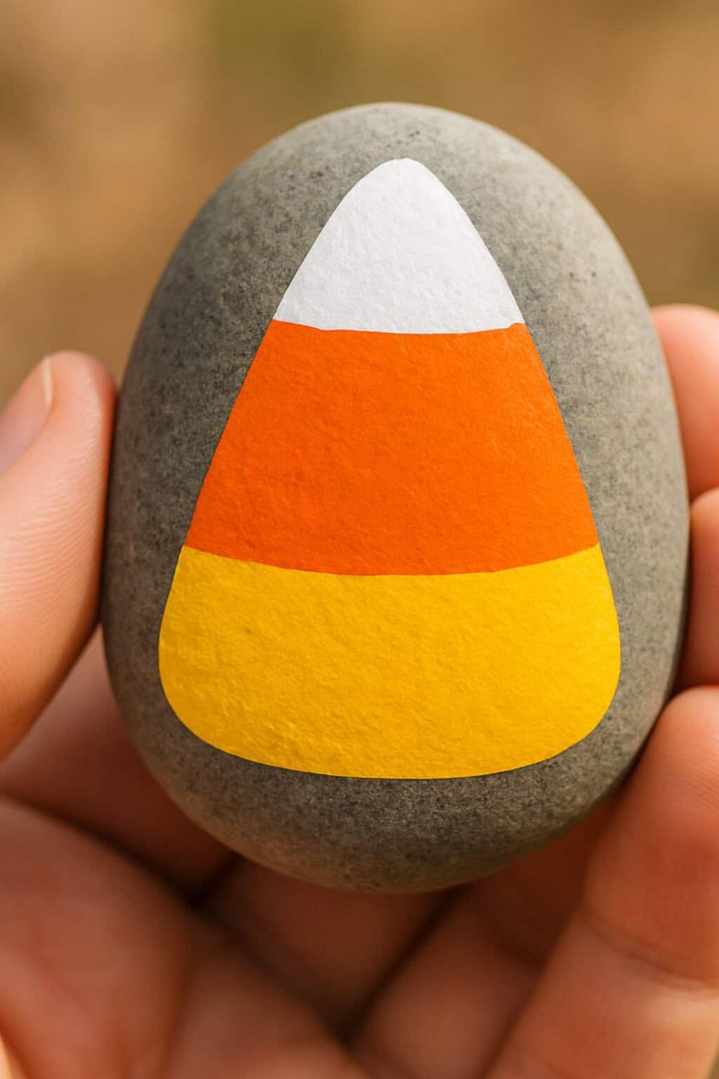 A hand holds a smooth gray stone painted with a candy corn design featuring white, orange, and yellow sections.