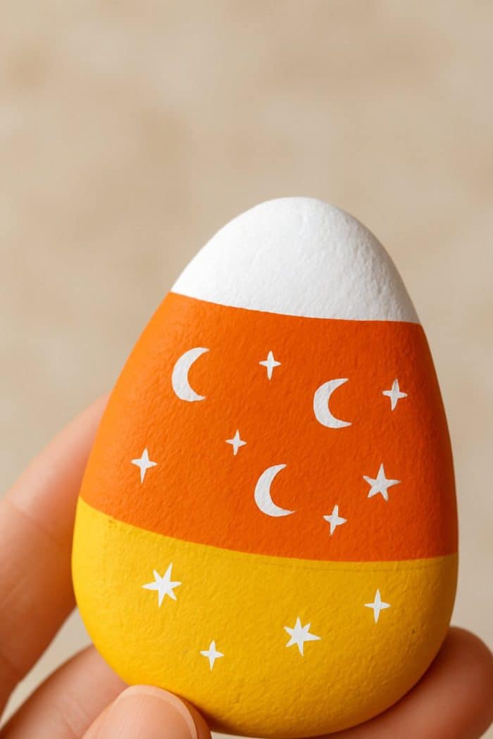 A hand holds a rock painted like candy corn, with white, orange, and yellow stripes. The orange section features white crescent moons and stars, and the yellow section has white stars.