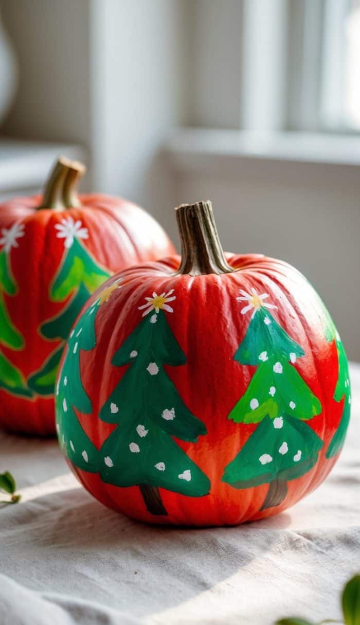 Two orange pumpkins are painted with green Christmas trees decorated with white dots, sitting on a light-colored cloth near a bright window.