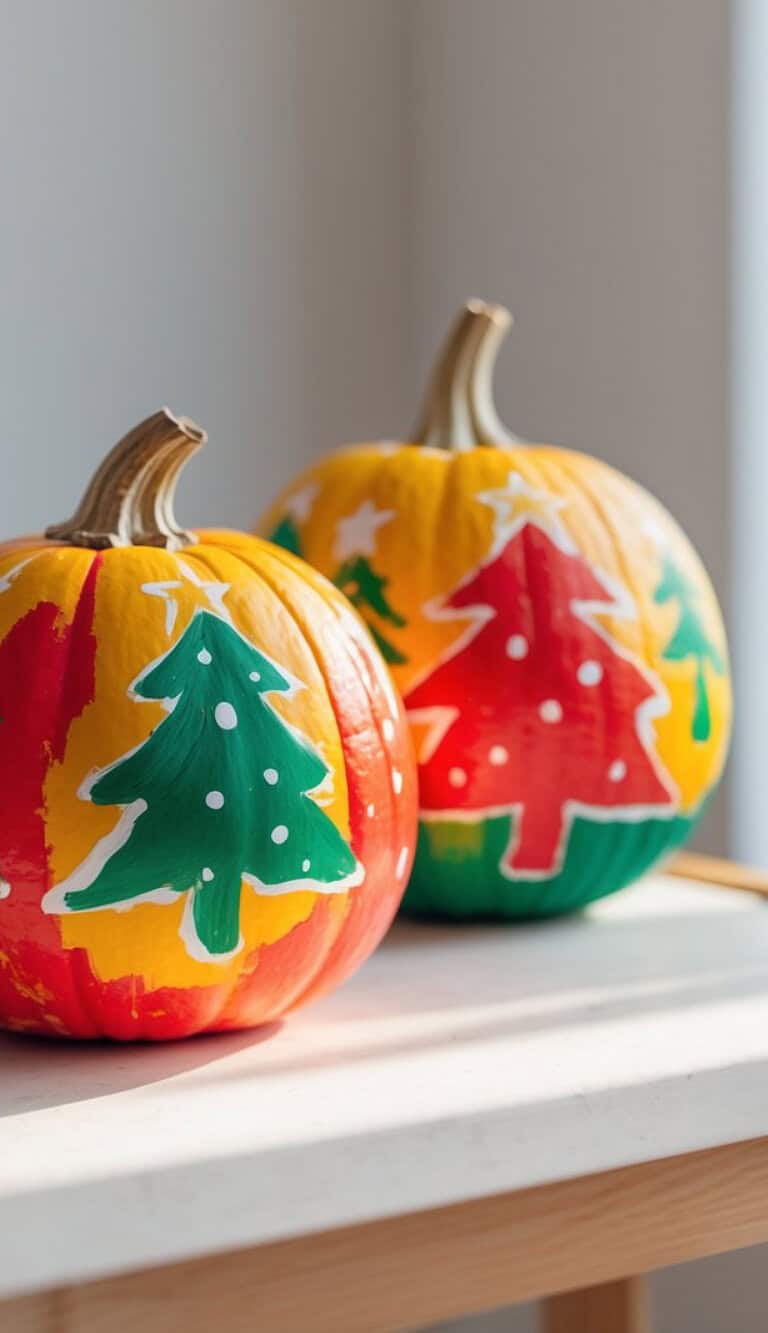 Two pumpkins painted with colorful Christmas tree designs sit on a wooden surface by a sunlit window.