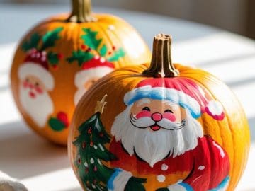 Two pumpkins are painted with festive Christmas designs, featuring Santa Claus faces, holly leaves, and a decorated Christmas tree, sitting on a white table in bright sunlight.