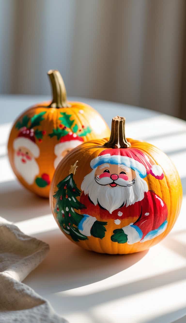 Two pumpkins are painted with festive Christmas designs, featuring Santa Claus faces, holly leaves, and a decorated Christmas tree, sitting on a white table in bright sunlight.