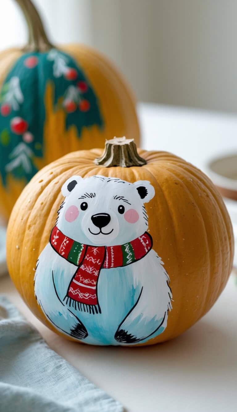 A pumpkin painted with a cute white polar bear wearing a red and green scarf, with another decorated pumpkin blurred in the background.