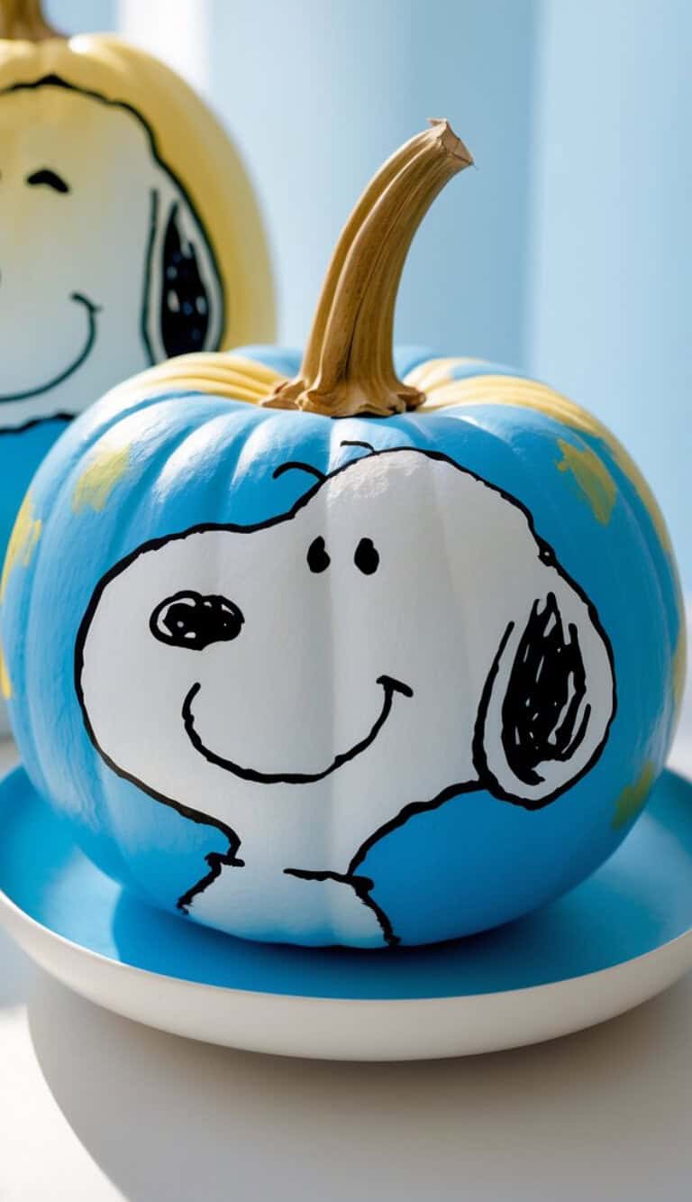 A pumpkin painted bright blue with a white and black illustration of Snoopy’s smiling face, placed on a white plate. Another similarly decorated pumpkin is visible in the background.