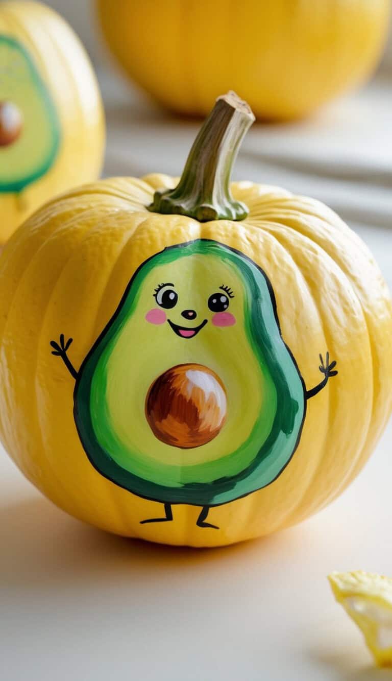 A yellow pumpkin is painted with a cute, smiling avocado cartoon, featuring rosy cheeks and tiny arms and legs. Other pumpkins are blurred in the background.