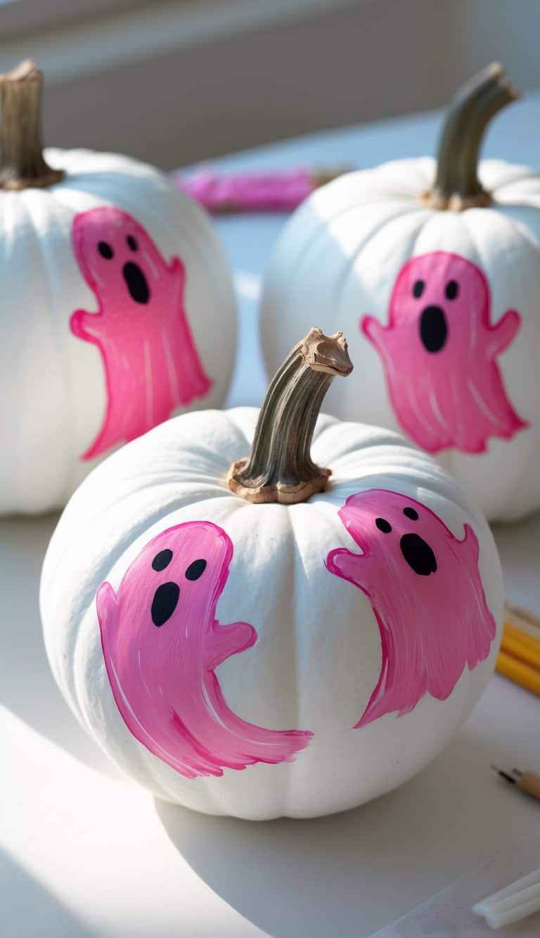 Three white pumpkins are decorated with hand-painted pink cartoon ghosts, each with black eyes and mouths. The pumpkins are arranged on a light surface with some art supplies in the background.