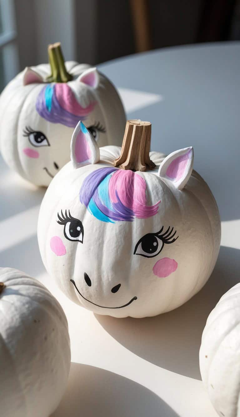 White pumpkins decorated as unicorns with painted eyes, lashes, pink cheeks, and pastel blue and pink hair; ears and horns are added on top. They sit on a sunlit white table.