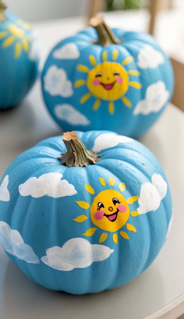 Two pumpkins painted blue with white clouds and cheerful, smiling yellow sun faces with rays, pink cheeks, and closed eyes, creating a bright, whimsical sky scene.