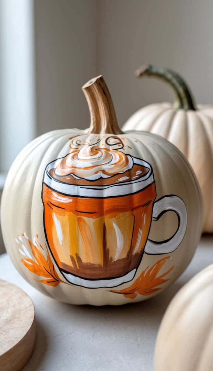 A white pumpkin painted with an illustration of a steaming mug of pumpkin spice latte, surrounded by orange leaves, sits on a light surface with other pale pumpkins in the background.