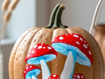 A pumpkin decorated with a detailed painting of red and white mushrooms on its surface, set on a light-colored table with soft natural light in the background.