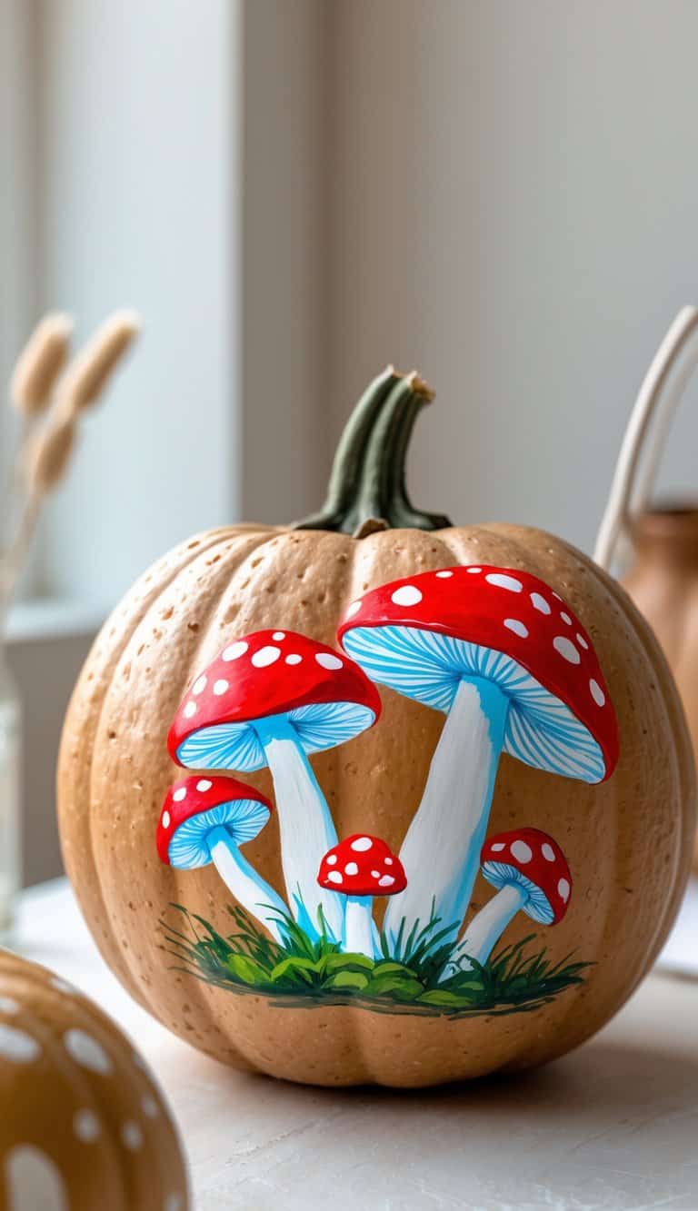 A pumpkin decorated with a detailed painting of red and white mushrooms on its surface, set on a light-colored table with soft natural light in the background.