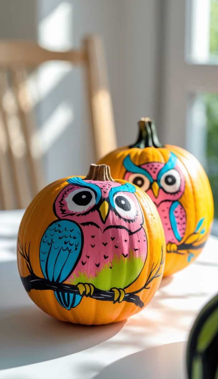 Two pumpkins are painted with colorful owl designs, featuring bright pink, blue, and green accents. The pumpkins are placed on a white table in a sunlit room with a wooden chair and window in the background.