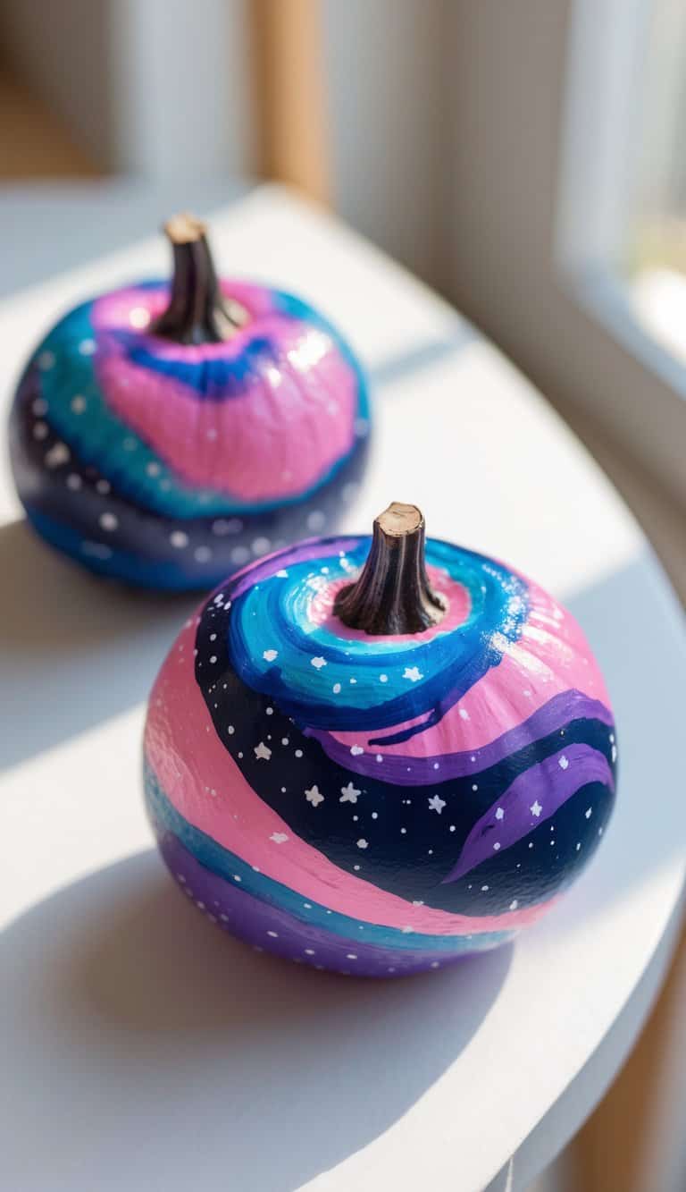 Two small pumpkins painted with vibrant galaxy designs in blue, pink, and purple swirls, accented with white stars, sit on a white surface near a sunlit window.