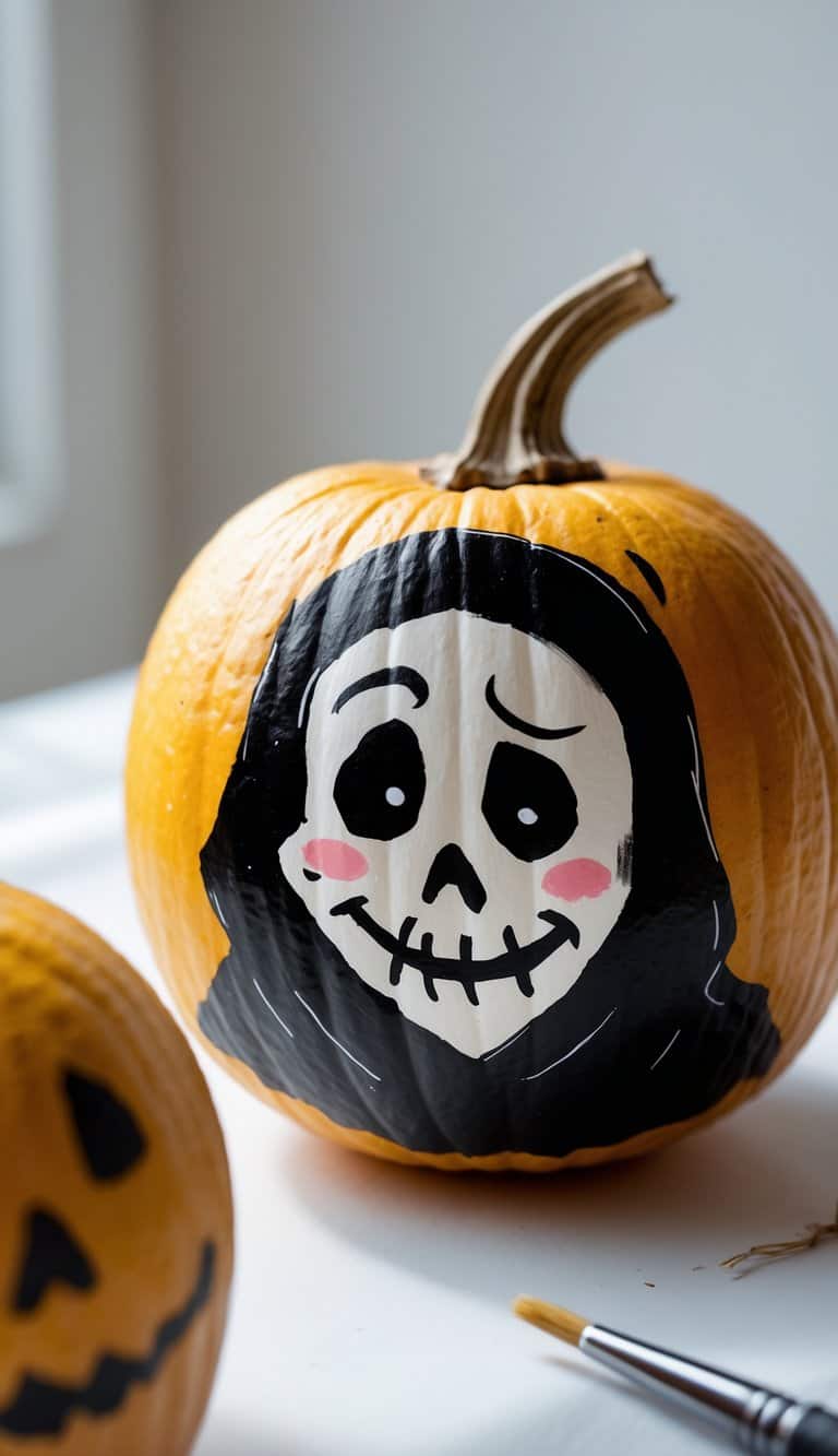A pumpkin decorated with a painted cartoon-style skull face in black and white, featuring pink cheeks and a shy expression. A small paintbrush and another pumpkin with a similar design are nearby.