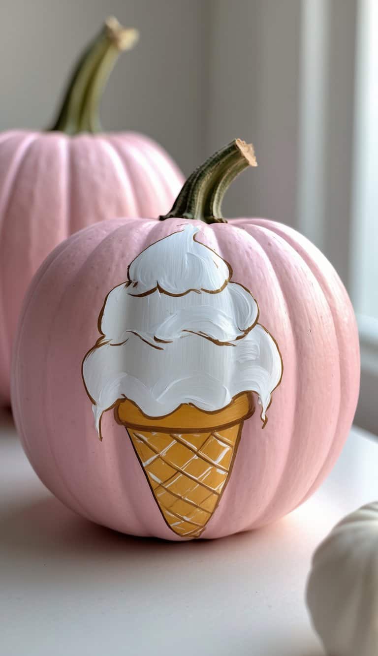 A pink pumpkin painted with a white ice cream cone design sits on a white surface, with another pink pumpkin blurred in the background.