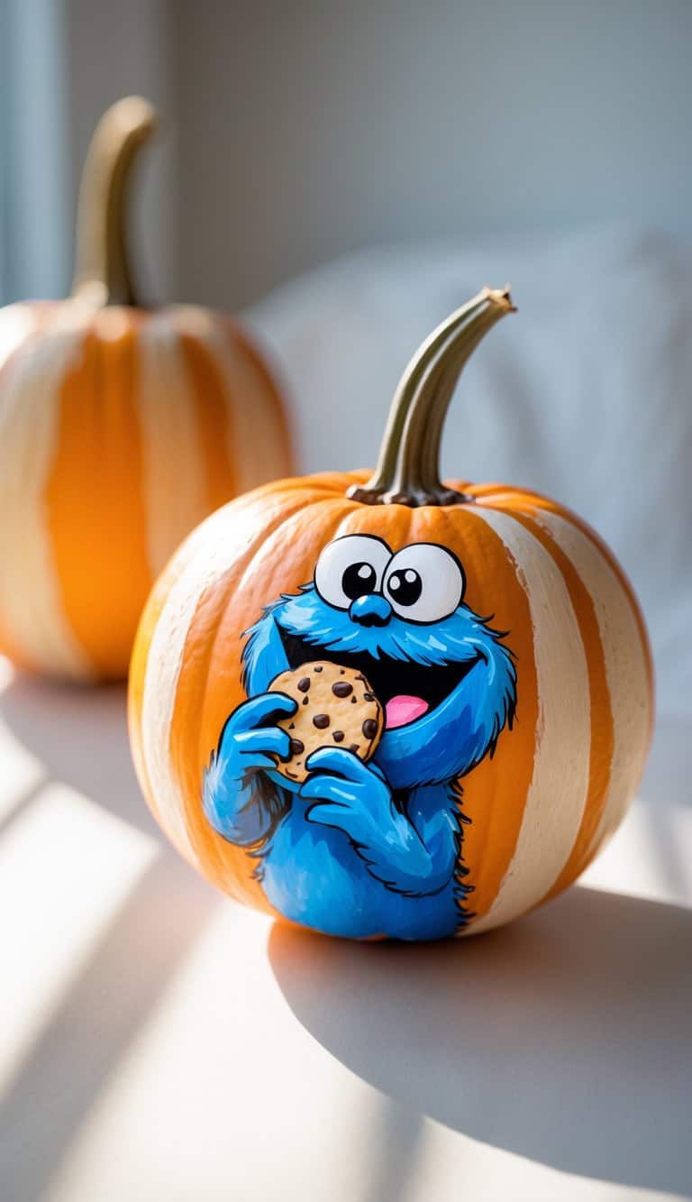A pumpkin painted with a colorful image of Cookie Monster holding a chocolate chip cookie, with another plain pumpkin in the blurred background. The scene is brightly lit by natural sunlight.