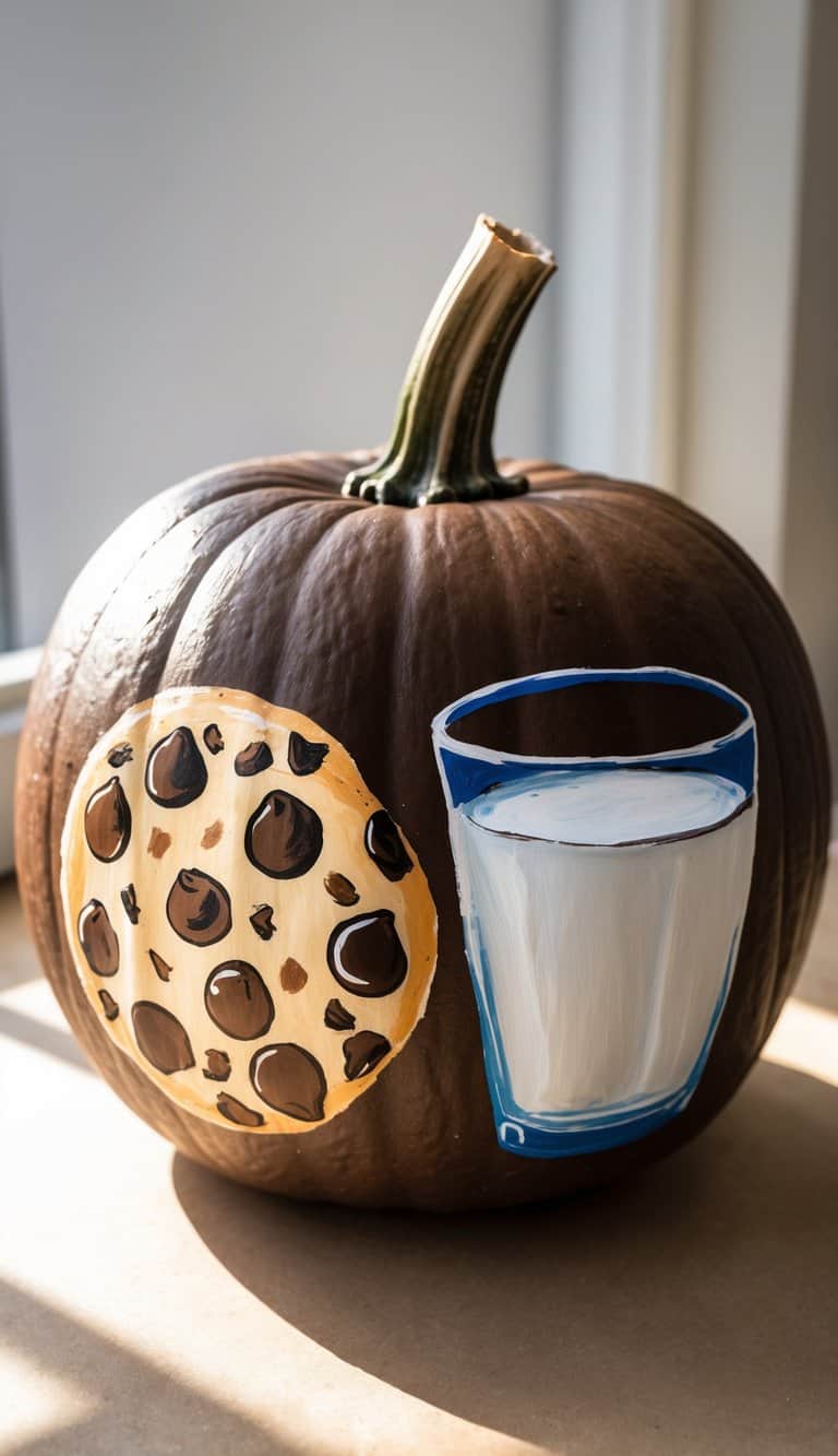 A brown pumpkin is painted with a chocolate chip cookie and a glass of milk on its surface, sitting on a sunlit table near a window.