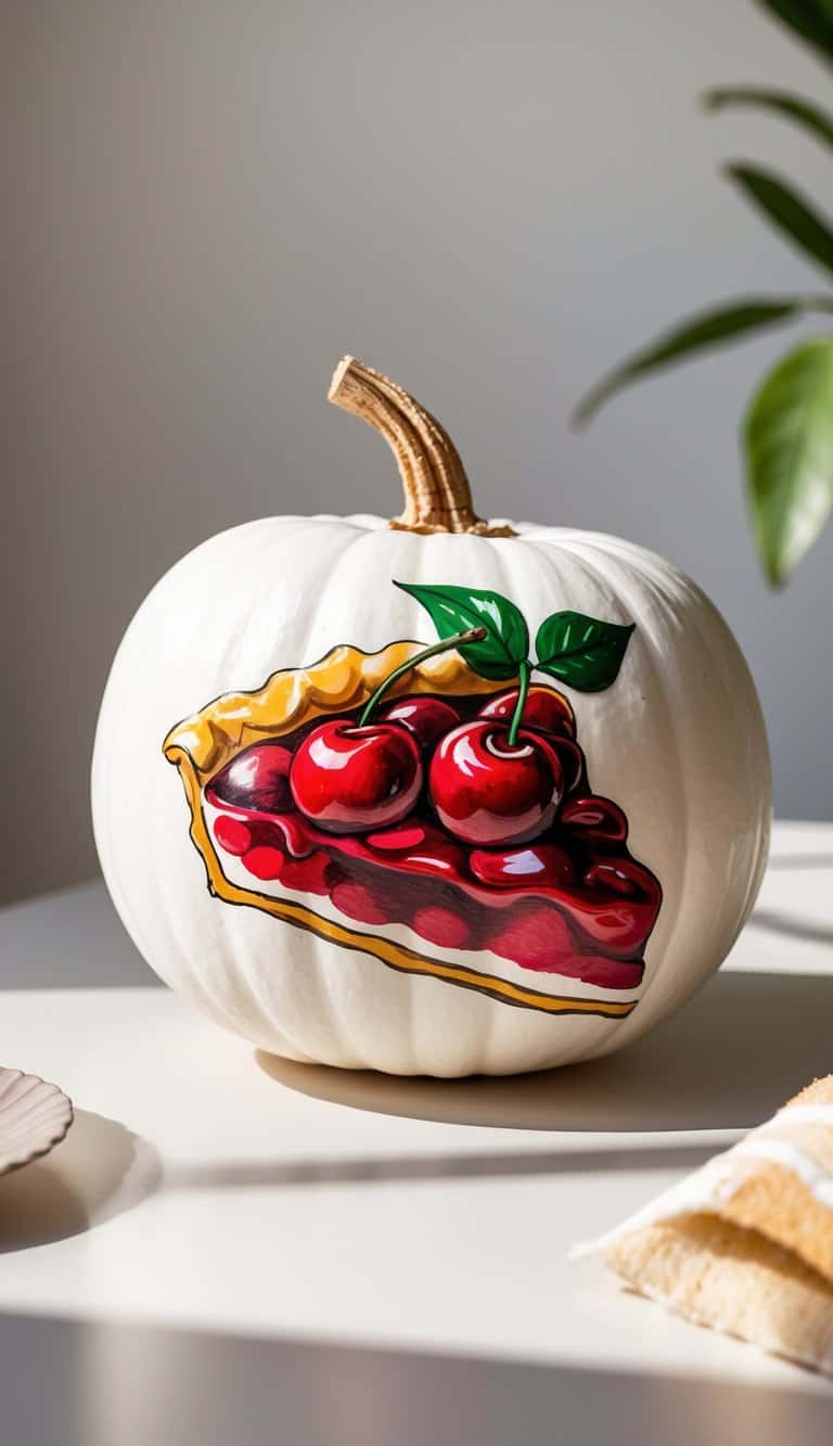A white pumpkin sits on a table, decorated with a colorful painting of a cherry pie slice, topped with two cherries and green leaves. Sunlight and a green plant are visible in the background.