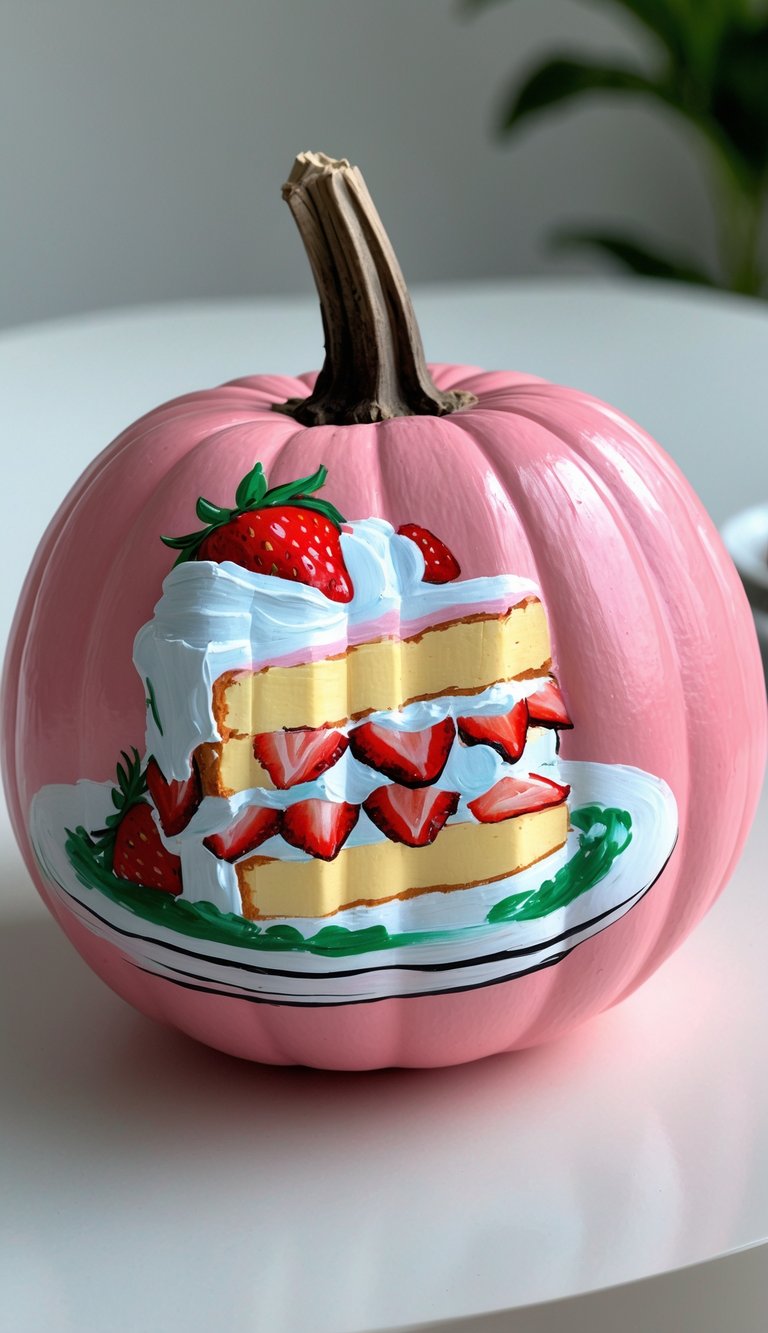 A pink pumpkin painted with a detailed image of a strawberry shortcake, featuring layers of cake, whipped cream, and strawberries, sitting on a white plate.