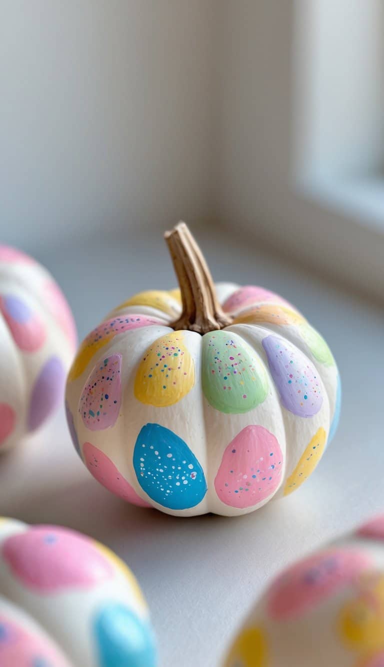 A small white pumpkin painted with pastel-colored polka dots, some with glitter, sitting on a white surface near a window. Other similarly decorated pumpkins are partially visible nearby.
