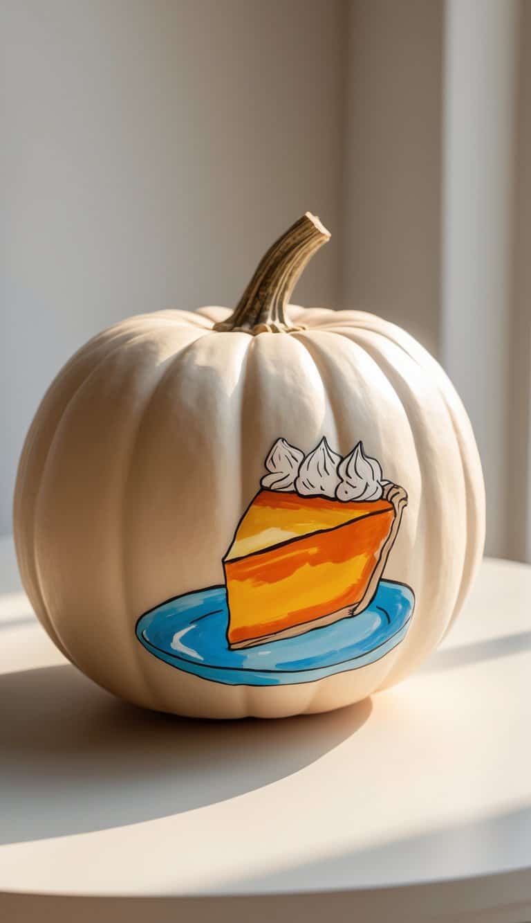 A white pumpkin is painted with an image of a slice of pumpkin pie topped with whipped cream on a blue plate, sitting on a light-colored surface with sunlight streaming in.