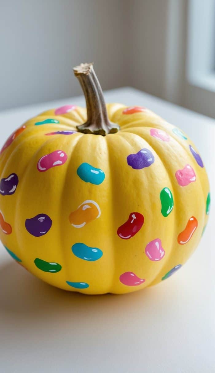 A yellow pumpkin decorated with colorful, shiny jelly bean shapes painted all over its surface, sitting on a white surface near a window.