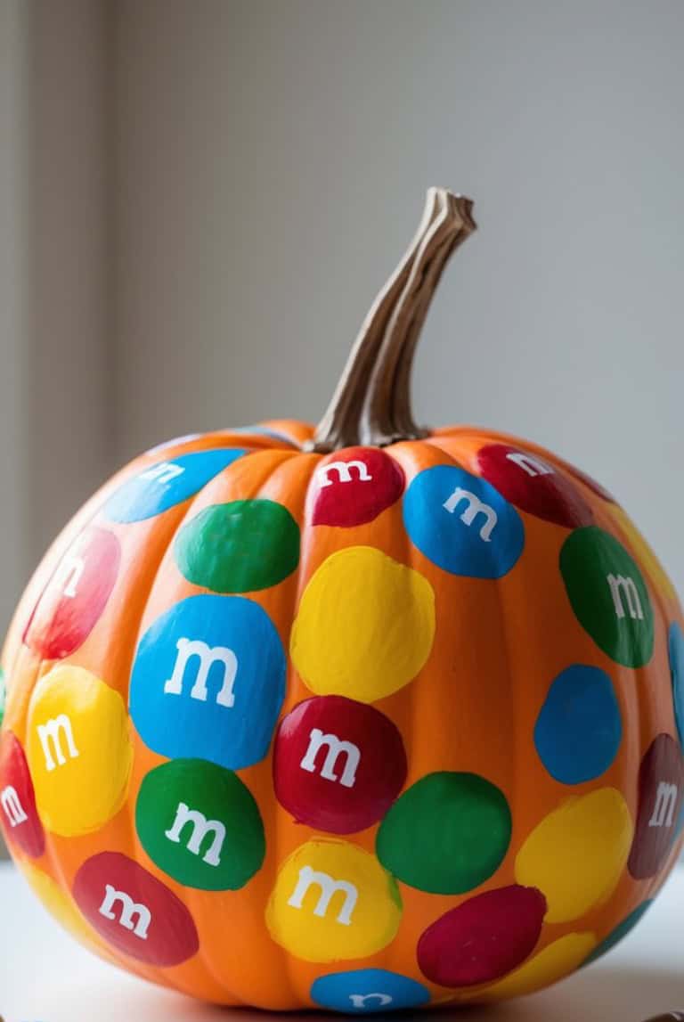 An orange pumpkin decorated with large, colorful spots painted to look like M&M candies, each featuring a white "m" in the center. The pumpkin sits on a neutral background.