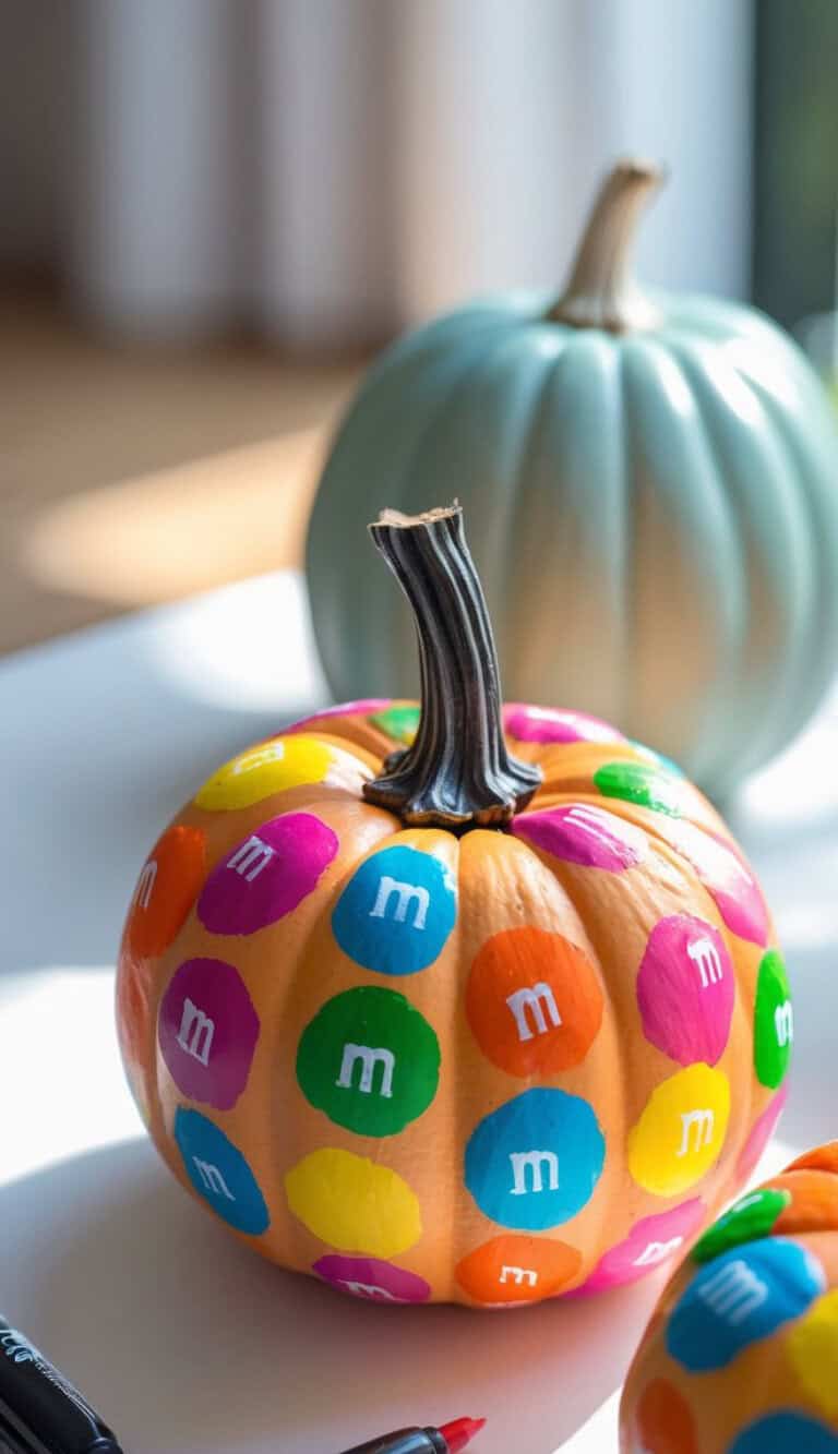 A pumpkin decorated with colorful M&M candy designs sits in the foreground, while a light blue pumpkin is blurred in the background. Bright sunlight highlights the playful, painted patterns.